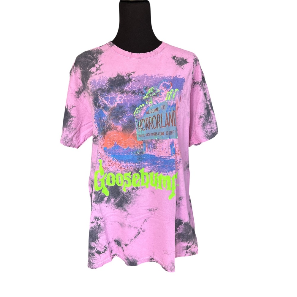 Goosebumps Welcome To Horrorland Pink & Black Tie Dye Graphic T-Shirt,Size Large